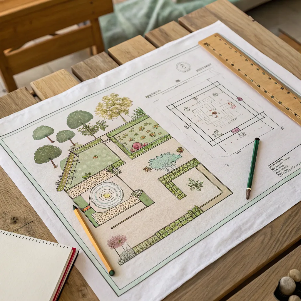 Garden design blueprint on a table