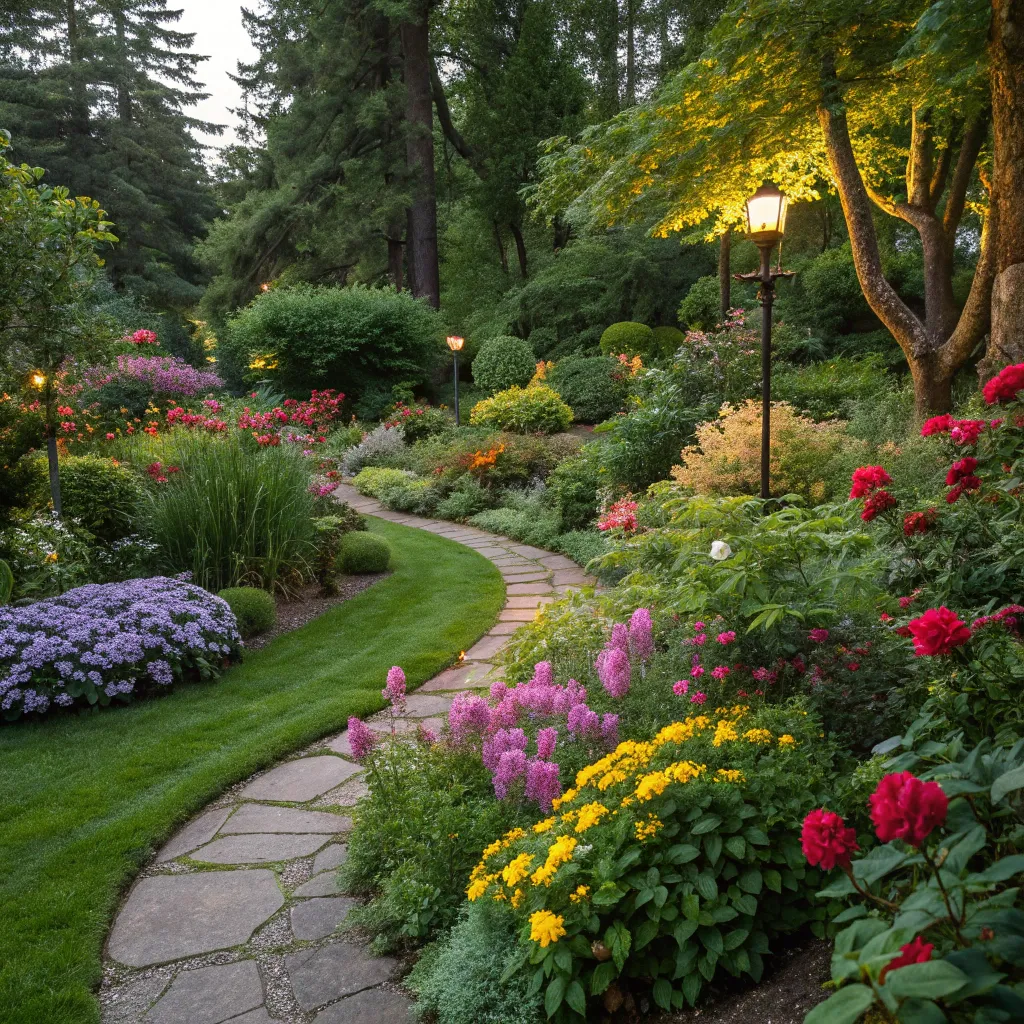 A lush green garden with a variety of plants and flowers, showcasing vibrant colors and textures.