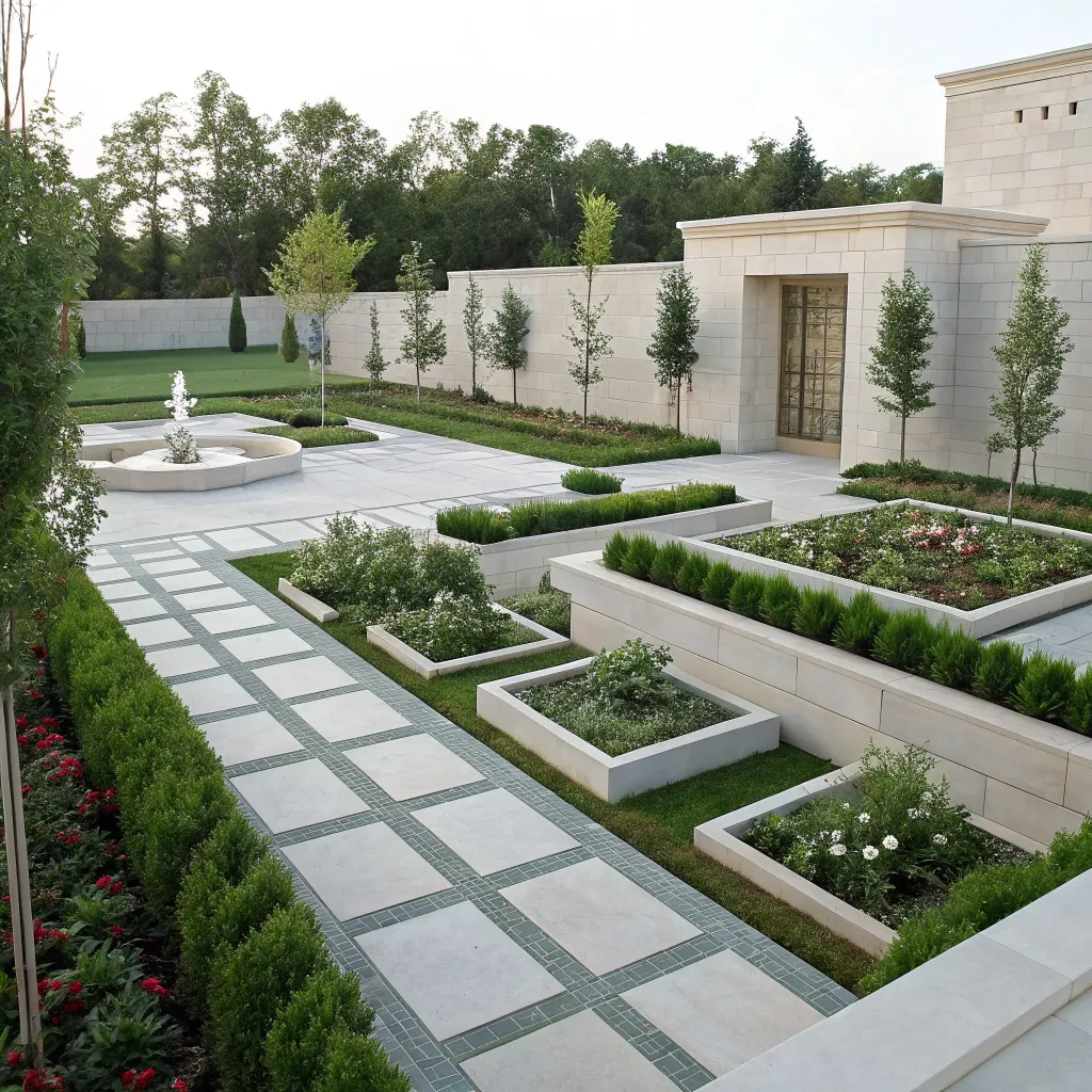 A modern garden layout featuring minimalist design elements with clean lines and structured plant placements.